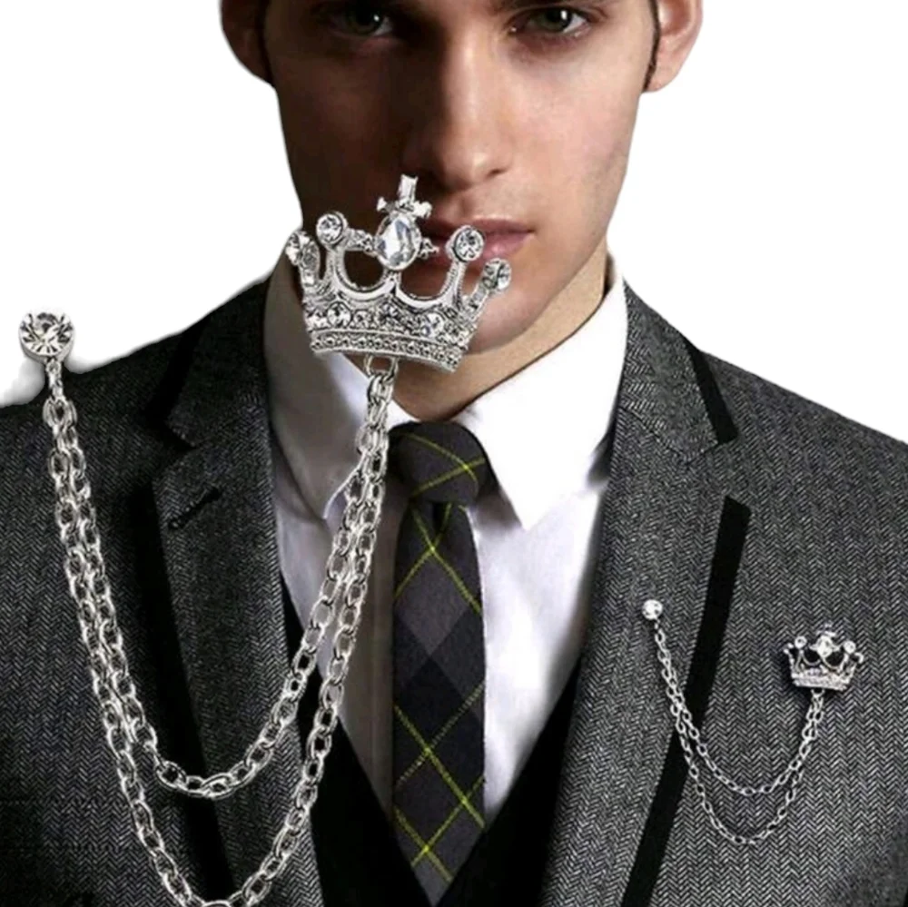 Crown Silver Tone With Rhinestones Unisex Chained Decor Brooch